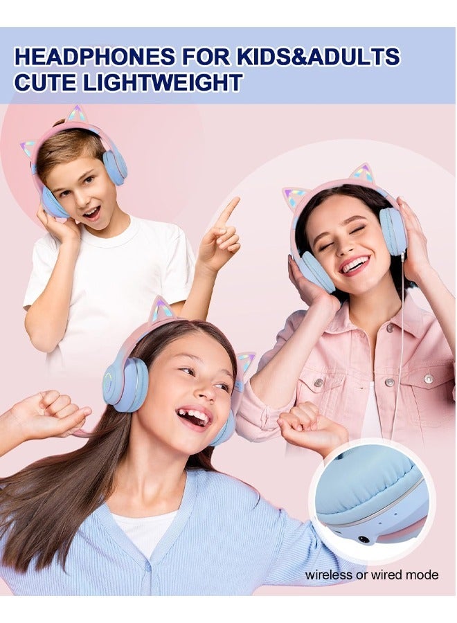 CAT Wireless Bluetooth Headphones Over Ear Cute Cat Ear Earphone with Flashing Lights Foldable Headset Built-in Mic for Kids Girls Boys Adults Blue - Image 5