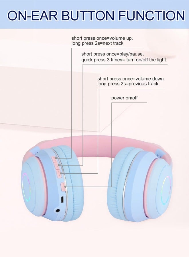 CAT Wireless Bluetooth Headphones Over Ear Cute Cat Ear Earphone with Flashing Lights Foldable Headset Built-in Mic for Kids Girls Boys Adults Blue - Image 3