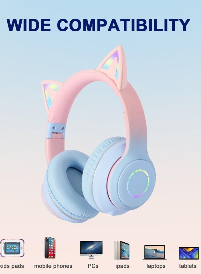 CAT Wireless Bluetooth Headphones Over Ear Cute Cat Ear Earphone with Flashing Lights Foldable Headset Built-in Mic for Kids Girls Boys Adults Blue - Image 2