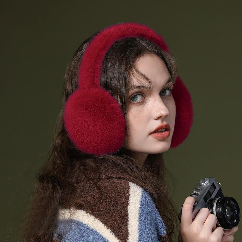 Zsedrut Colorful Ear Muffs For Winter Foldale Ear Warmers For Women Fluffy Earmuff Ear Covers (Winered) - Image 2