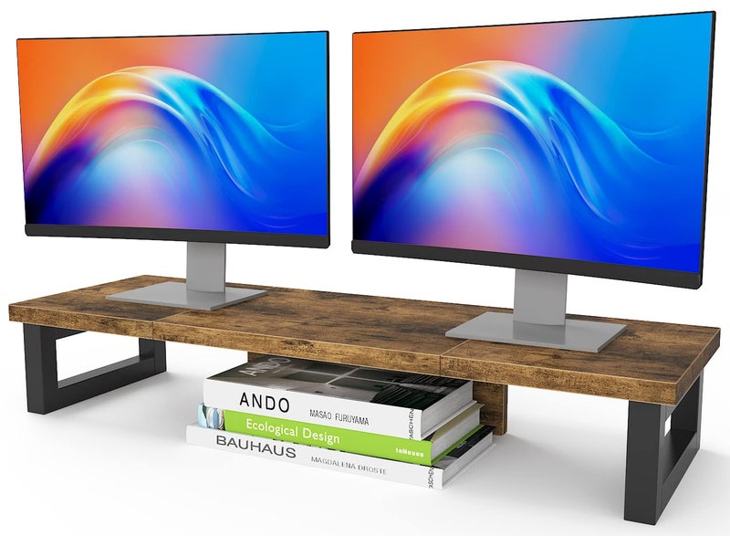 WESTREE Dual Monitor Stand Riser, Wood and Steel Monitor Stand Riser, Computer Monitor Stand for 2 Monitors, Multi-Purpose Desktop Storage Stand for Computer,Laptop,Printer,TV - Image 1