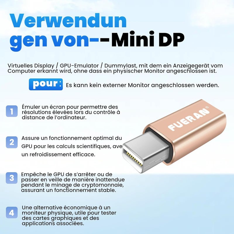 فييران Mini DP - قابس محاكي شاشة DisplayPort EDID (مناسب للرأس 2560x1600@60Hz) عبوة من 2 - Image 3