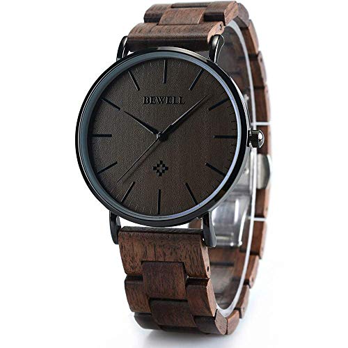 BEWELL Wooden Watches for Men Women Slim Analog Quartz Minimalist Couple Wrist Watch W163A (Mens-Black) - Image 1