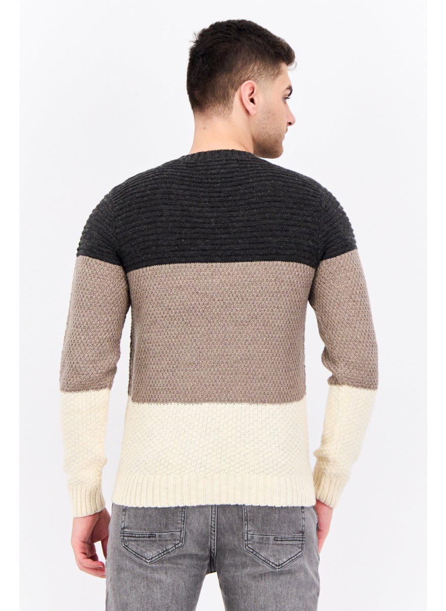 Sorbino Men Crew Neck Textured Long Sleeves Sweater, Cream  - Image 3