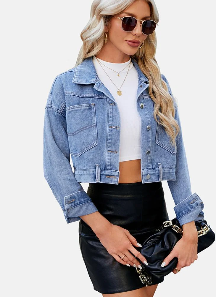 يونيكي Blue Plain Regular Fit Long Sleeve Denim Jacket