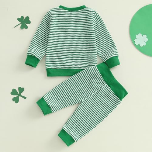 Karuedoo Infant Toddler Baby Boy Girl St Patricks Day Outfit Clover Embroidery Stripe Long Sleeve Sweatshirt and Pants Set (Four Leaf Clover Green, 12-18 Months) - Image 3