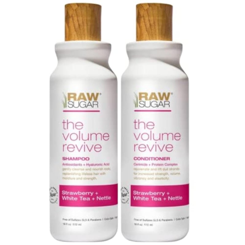 مجموعة شامبو وبلسم R S Raw Sugar Volume Revive مضادات الأكسدة حمض الهيالورونيك فراولة شاي أبيض قراص 18 أونصة سائلة لكل زجاجة 18 أونصة سائلة عبوة من 2