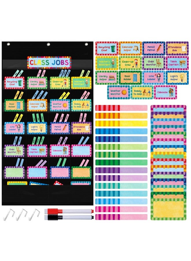 SpriteGru Class Jobs Pocket Chart, 1 Pocket Chart+83 Erasable Cards+3 Metal Hooks+2 Markers, Teacher’S Helper For Bulletin Board Classroom School Home (19.7” X 37”, Black) - Image 1