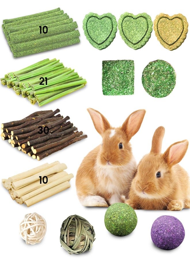 Tyotrbs 80 PCS Rabbit Chew Toys, Natural Bunny Teeth Care Chew Kit Apple Wood Sweet Bamboo Grass Timothy Sticks for Guinea Pig, Hamster, Chinchilla, Small Animals - Image 1