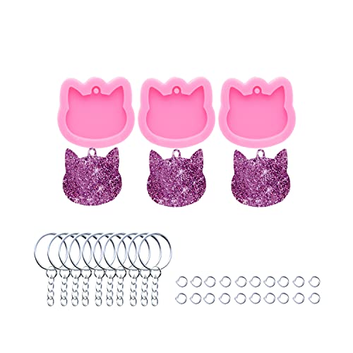 AMZTOART 3pc Shiny Pet Cat Tag Mini Cat Head Resin Silicone Molds, Keychain Mould Crafts Epoxy Art DIY Handmade Mold with 10PC Key Ring(DY0869+DY0869+DY0869) - Image 1