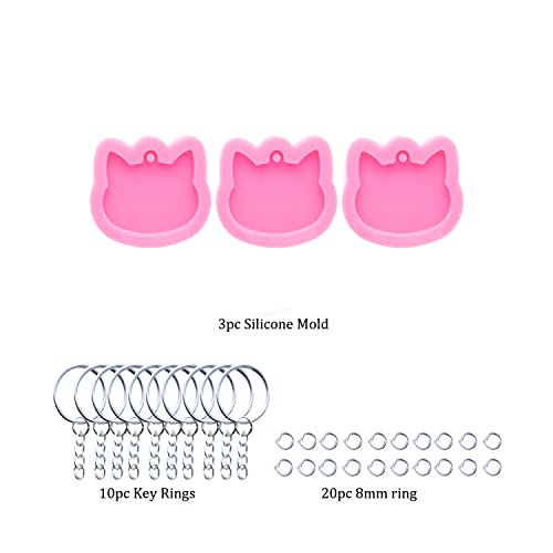 AMZTOART 3pc Shiny Pet Cat Tag Mini Cat Head Resin Silicone Molds, Keychain Mould Crafts Epoxy Art DIY Handmade Mold with 10PC Key Ring(DY0869+DY0869+DY0869) - Image 2