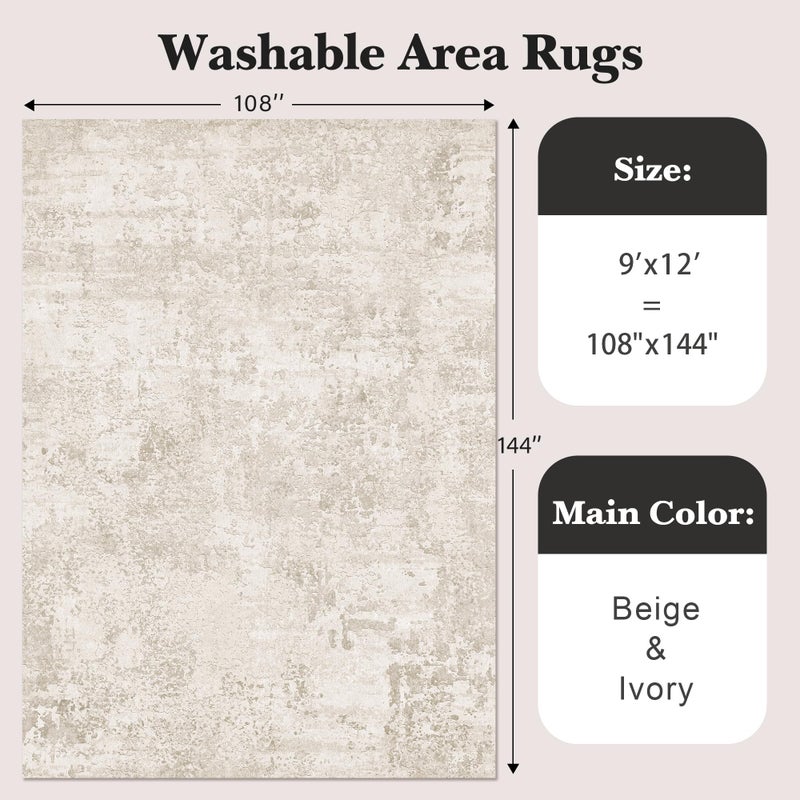 Art&Tuft Washable Rugs 9x12, Ultra Thin Anti-Slip Backing Abstract 9x12 Rug, Low Pile Stain Resistant Area Rugs for Living Room, Foldable Machine Washable Area Rug (9'x12', Beige) - Image 2