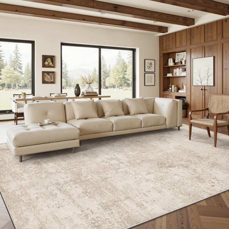 Art&Tuft Washable Rugs 9x12, Ultra Thin Anti-Slip Backing Abstract 9x12 Rug, Low Pile Stain Resistant Area Rugs for Living Room, Foldable Machine Washable Area Rug (9'x12', Beige) - Image 1