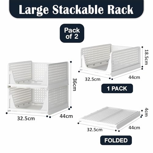 HOMIFLY Set of 2 Large Foldable Cloth Storage Organizer/Stackable Wardrobe Organizer For Clothes/Multipurpose Sliding Basket/Rack Organiser for Storage/Shirt Stacker Box (44 x 33 x 36 cm, White) - Image 2