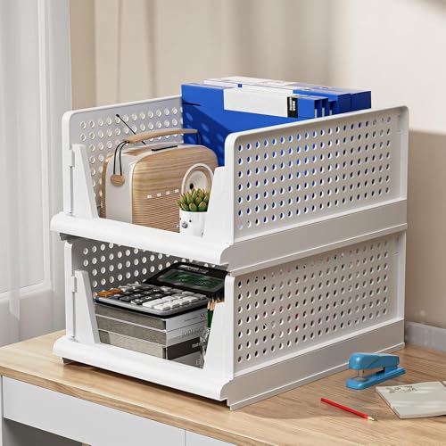 HOMIFLY Set of 2 Large Foldable Cloth Storage Organizer/Stackable Wardrobe Organizer For Clothes/Multipurpose Sliding Basket/Rack Organiser for Storage/Shirt Stacker Box (44 x 33 x 36 cm, White) - Image 1
