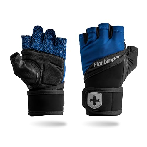 Harbinger Training Grip Wrist Wrap Gloves Enhanced Grip Wrist Support Breathable Lycra Back Padded Leather Palm HalfFinger Design Quick Pull Tabs Ideal for Weightlifting Blue Large - Image 1