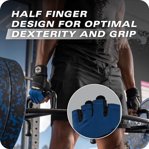Harbinger Training Grip Wrist Wrap Gloves Enhanced Grip Wrist Support Breathable Lycra Back Padded Leather Palm HalfFinger Design Quick Pull Tabs Ideal for Weightlifting Blue Large - Image 3