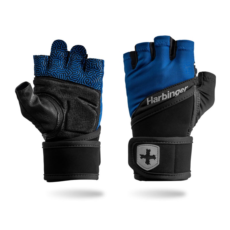 Harbinger Training Grip Wrist Wrap Gloves Enhanced Grip Wrist Support Breathable Lycra Back Padded Leather Palm HalfFinger Design Quick Pull Tabs Ideal for Weightlifting Blue Large - Image 2