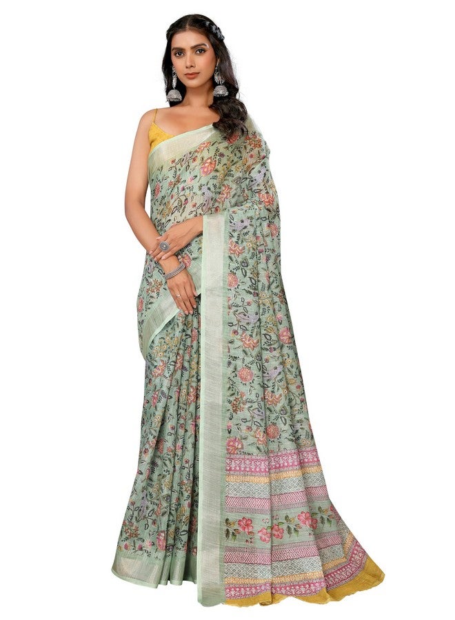 Janasya Janasya Women's Sage Green Linen Blend Floral Printed Saree with Blouse Piece (SAR465-J) - Image 1