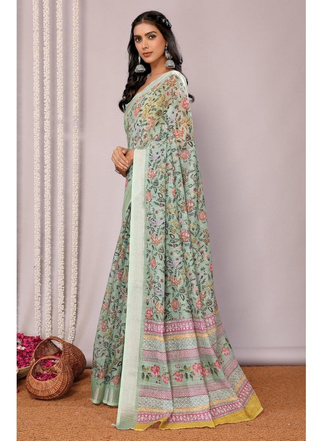 Janasya Janasya Women's Sage Green Linen Blend Floral Printed Saree with Blouse Piece (SAR465-J) - Image 4