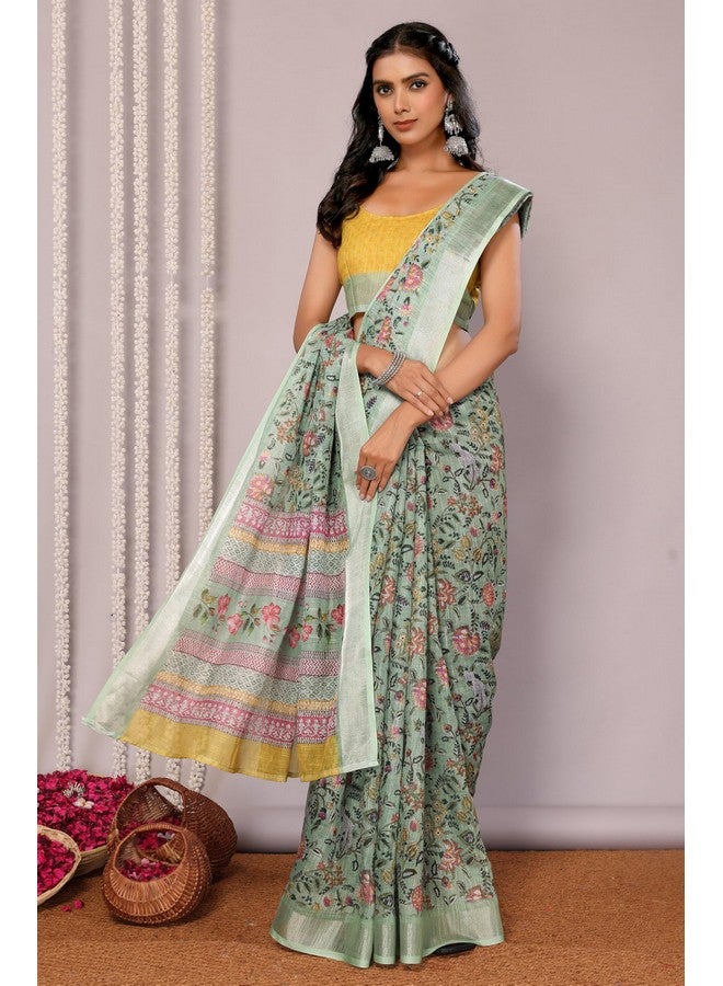 Janasya Janasya Women's Sage Green Linen Blend Floral Printed Saree with Blouse Piece (SAR465-J) - Image 5
