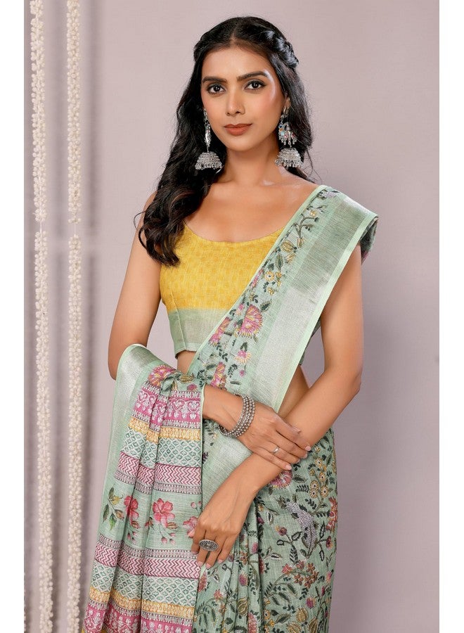 Janasya Janasya Women's Sage Green Linen Blend Floral Printed Saree with Blouse Piece (SAR465-J) - Image 2