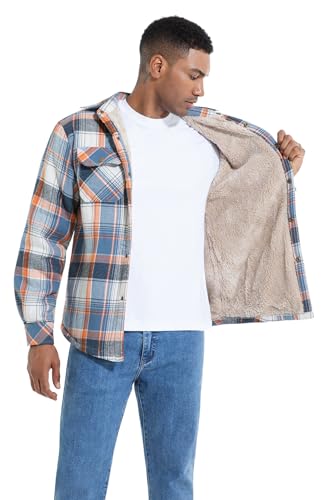Puwasa Men's Sherpa Lined Cotton Flannel Shirt Jacket Plaid Button Up Jacket Coat for Men with Pocket Blue Large - Image 2
