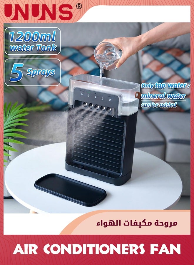 UNUNS مروحة مكيفات هواء محمولة، مبرد هواء تبخيري شخصي، مروحة تبريد هواء صغيرة فائقة الهدوء مع وظيفة الرياح الطبيعية، 5 رذاذ بارد، 3 سرعات، مؤقت لمكتب غرفة النوم - Image 2