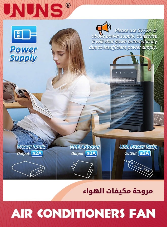 UNUNS مروحة مكيفات هواء محمولة، مبرد هواء تبخيري شخصي، مروحة تبريد هواء صغيرة فائقة الهدوء مع وظيفة الرياح الطبيعية، 5 رذاذ بارد، 3 سرعات، مؤقت لمكتب غرفة النوم - Image 5