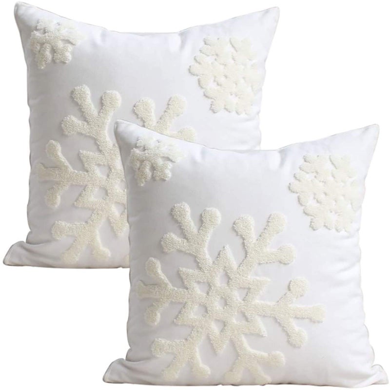 Elife 18x18 Soft Canvas Christmas Winter Snowflake Style Cotton Linen Embroidery Throw Pillows Covers wInvisible Zipper for Bed Sofa Cushion Pillowcases for Kids Bedding 1 Pair White