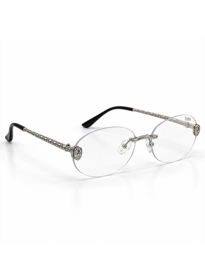 بولايت نظارة بيضاوية بدون إطار للجنسين من بوليت بعدسات شفافة وأذرع فضية مزخرفة ونهايات سوداء - Image 3