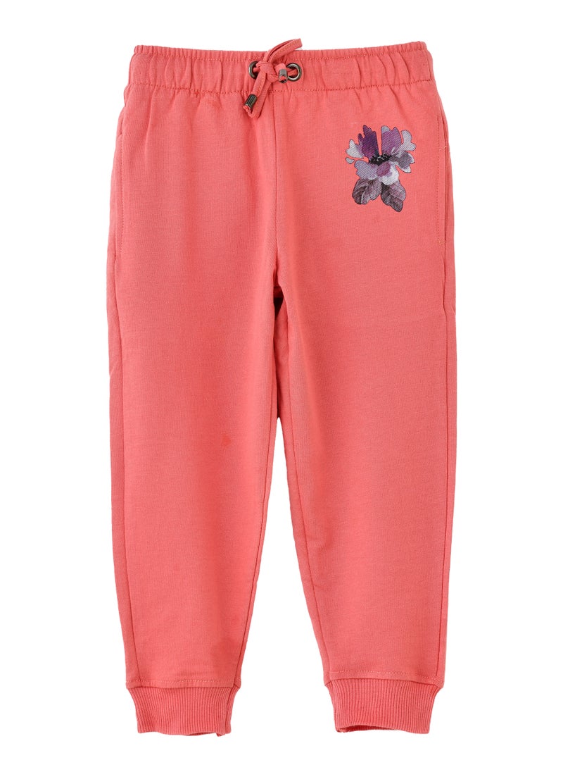 Jelliene Girls Coral Jogger Pants with Floral Motif  - Image 1