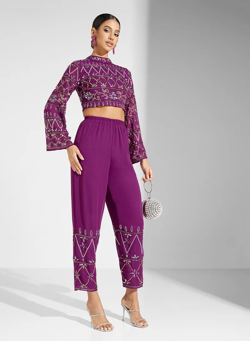 فروك اند فرل Embellished Top And High Waist Trouser Set