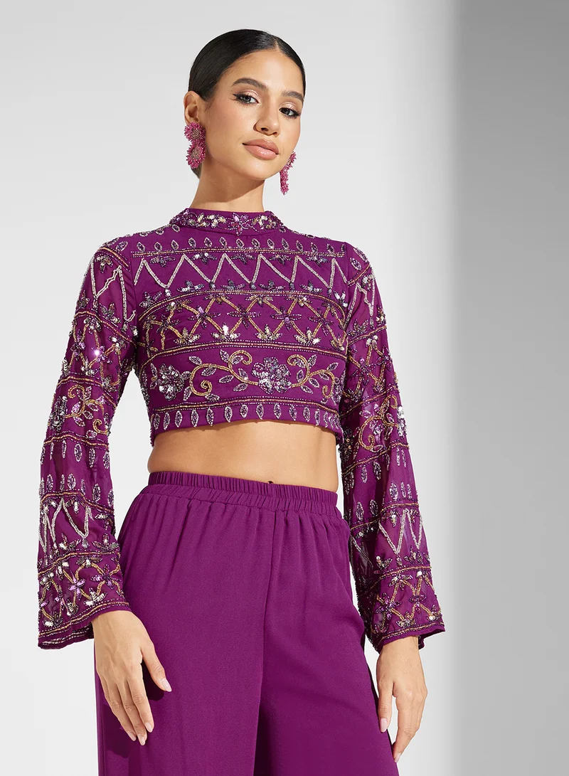 فروك اند فرل Embellished Top And High Waist Trouser Set