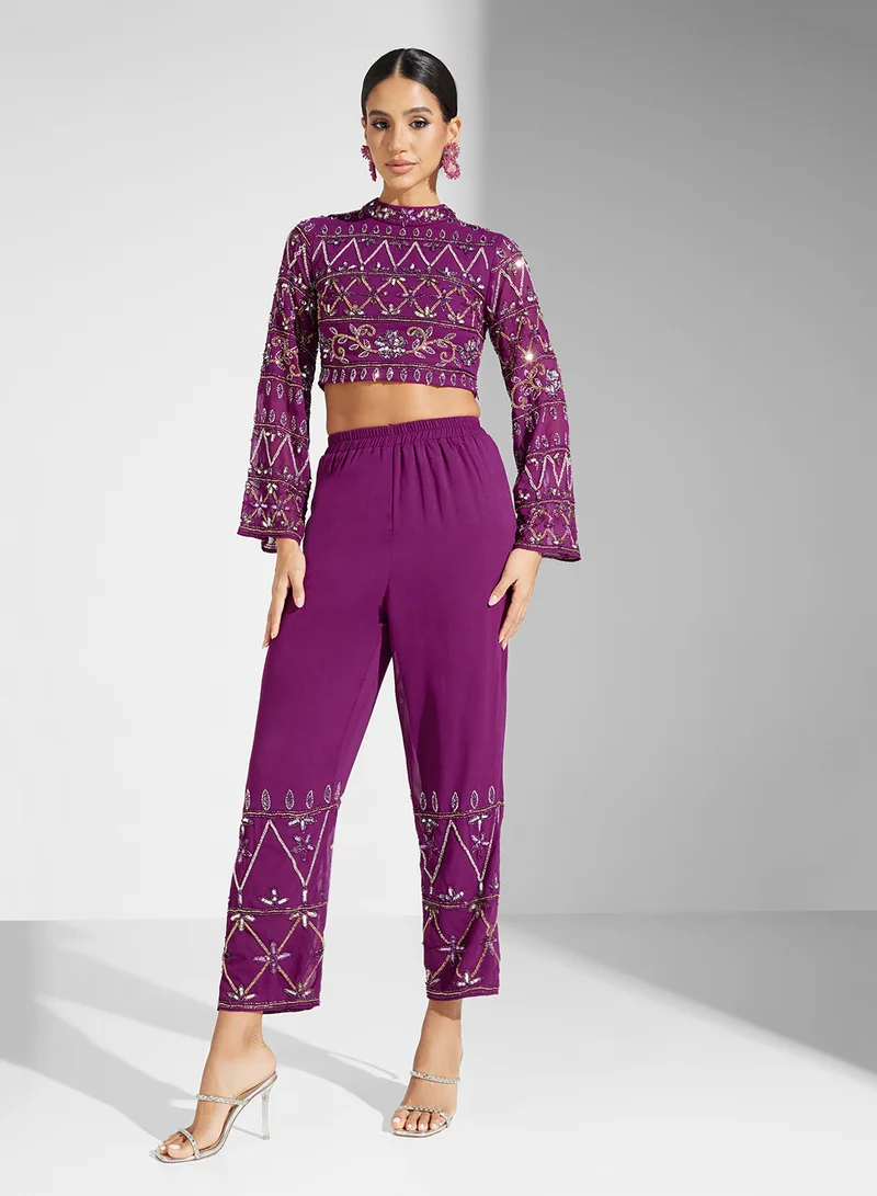 فروك اند فرل Embellished Top And High Waist Trouser Set
