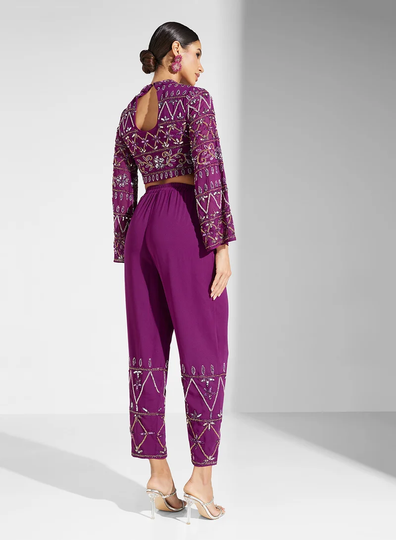 فروك اند فرل Embellished Top And High Waist Trouser Set