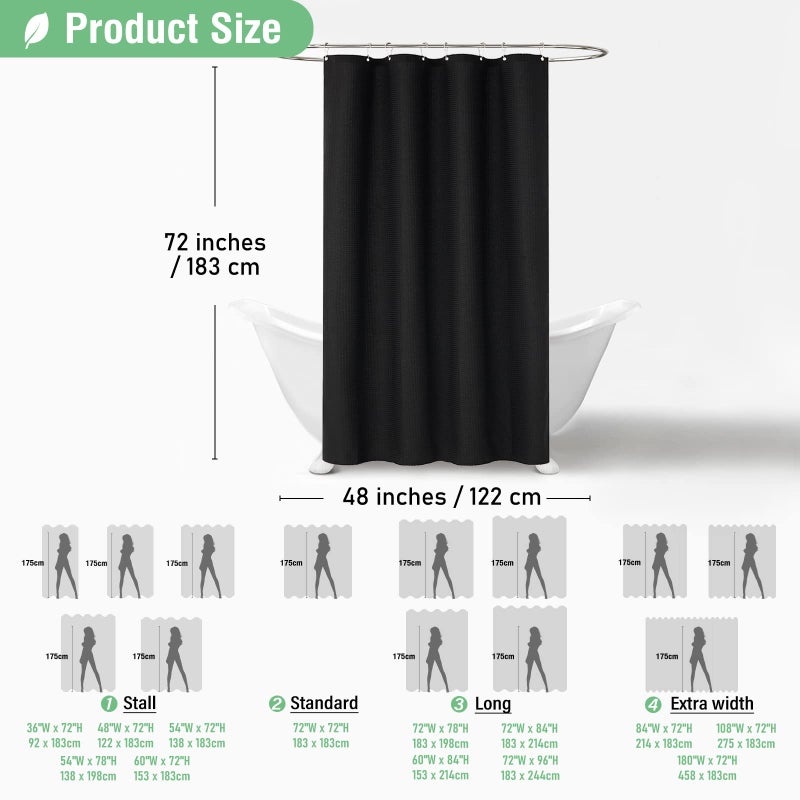 Dynamene Stall Fabric Shower Curtain - 48 inch Wide Waffle Weave Weighted Thick Cloth Shower Curtains for Bathroom  Neutral Heavy Duty Hotel Spa Luxury Bath Curtain Set with 8 Hooks  48x72  Black - Image 4