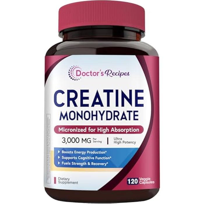 Doctor's Recipes Creatine Monohydrate 3000 mg Per Serving, Micronized Creatine Capsules for Women & Men, for Strength, Energy, Recovery, High Absorption, Vegan, 120 Capsules - Image 1