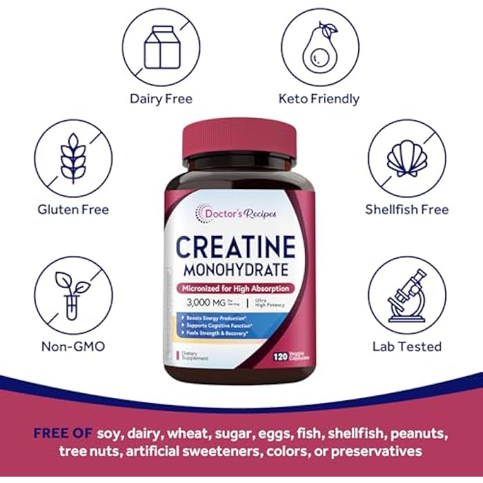 Doctor's Recipes Creatine Monohydrate 3000 mg Per Serving, Micronized Creatine Capsules for Women & Men, for Strength, Energy, Recovery, High Absorption, Vegan, 120 Capsules - Image 5