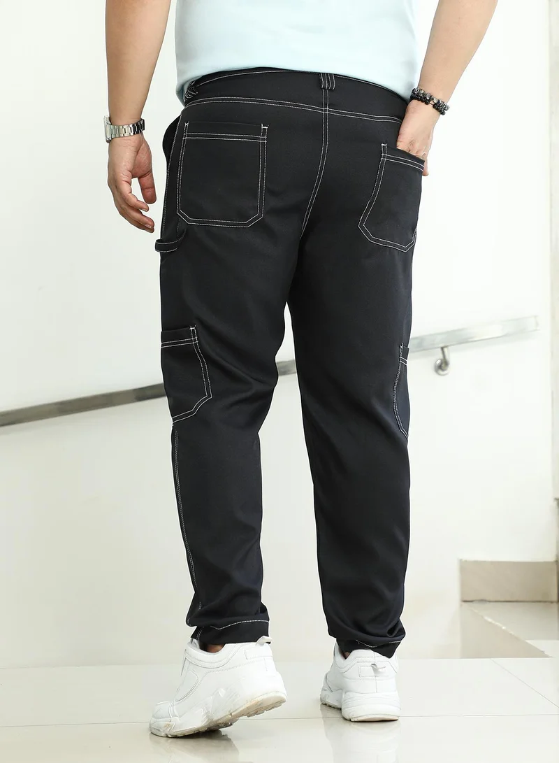 Instafab Plus  Instafab Plus Men's Onyx Black Contrast-Stitch Carpenter Utility Trousers For Casual Wear | Mid-Rise | Straight Fit | Button Closure | Plus Size Trousers Crafted With Comfort Fit For Everyday Wear for Men | Best Price UAE