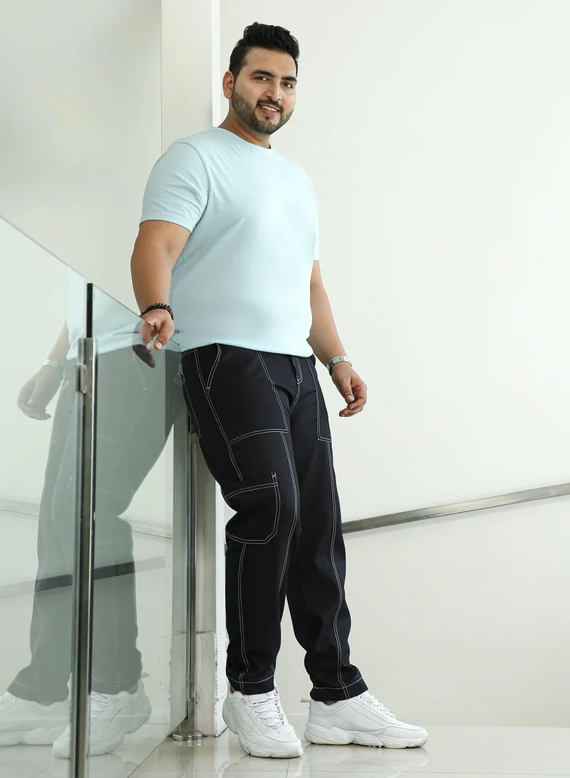 Instafab Plus  Instafab Plus Men's Onyx Black Contrast-Stitch Carpenter Utility Trousers For Casual Wear | Mid-Rise | Straight Fit | Button Closure | Plus Size Trousers Crafted With Comfort Fit For Everyday Wear for Men | Best Price UAE