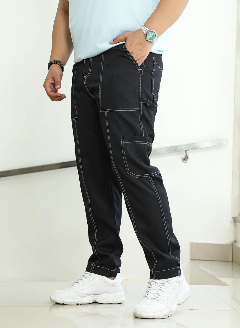 Instafab Plus  Instafab Plus Men's Onyx Black Contrast-Stitch Carpenter Utility Trousers For Casual Wear | Mid-Rise | Straight Fit | Button Closure | Plus Size Trousers Crafted With Comfort Fit For Everyday Wear for Men | Best Price UAE