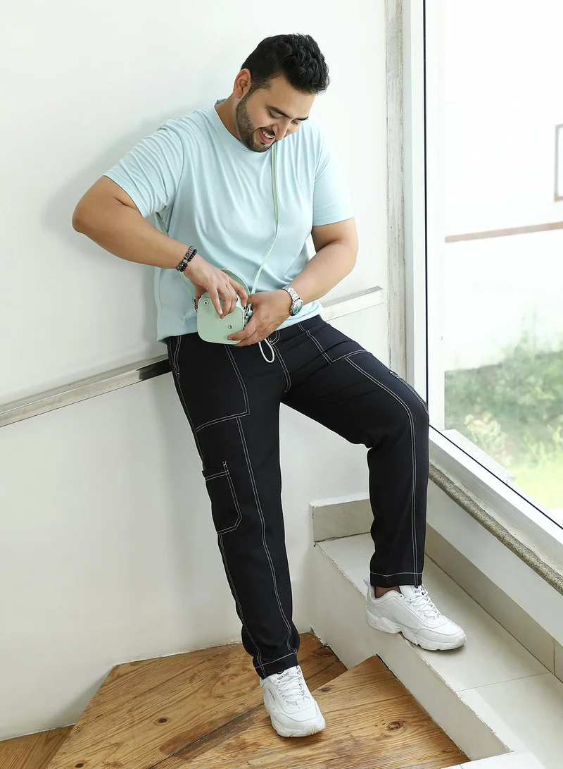 Instafab Plus  Instafab Plus Men's Onyx Black Contrast-Stitch Carpenter Utility Trousers For Casual Wear | Mid-Rise | Straight Fit | Button Closure | Plus Size Trousers Crafted With Comfort Fit For Everyday Wear for Men | Best Price UAE