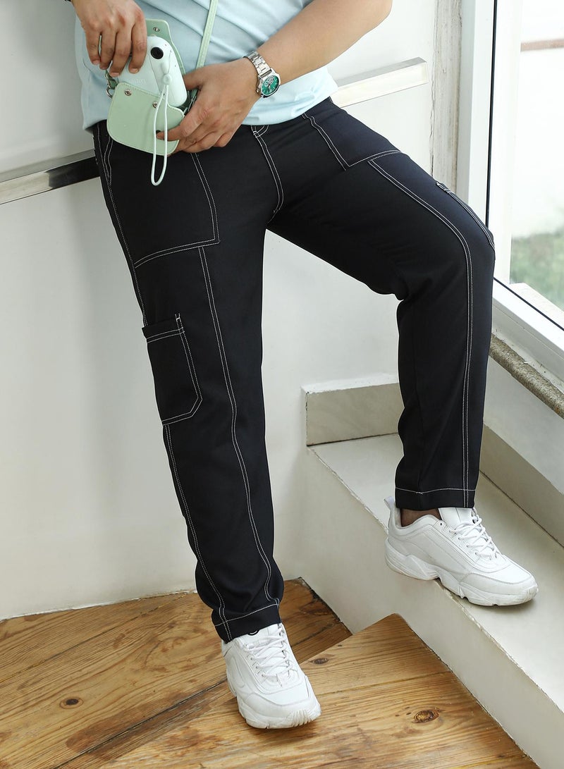 Instafab Plus Men's Onyx Black Contrast-Stitch Carpenter Utility Trousers For Casual Wear | Mid-Rise | Straight Fit | Button Closure | Plus Size Trousers Crafted With Comfort Fit For Everyday Wear - Image 1