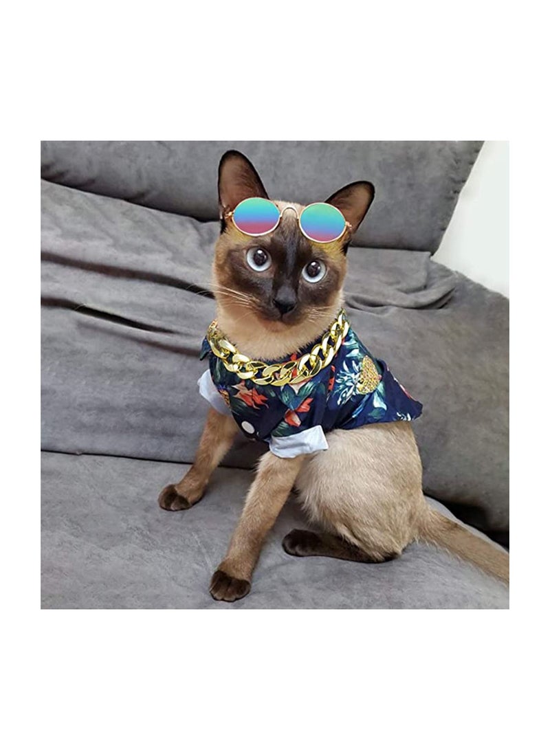 Y&D Cool Cat Dog Costume Fashion Metal, Pet Collar Sunglasses with Pineapple Print Shirt for Cats and Small Dogs, Adjustable Gold Puppy Chain  - Image 2