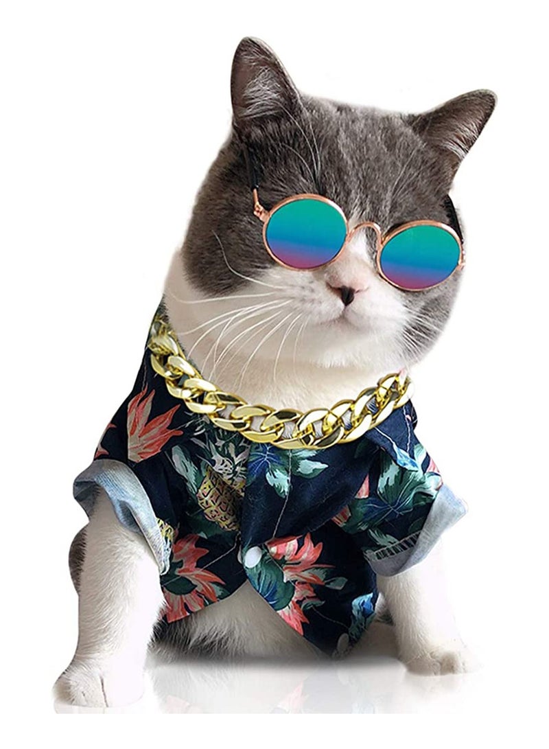 Y&D Cool Cat Dog Costume Fashion Metal, Pet Collar Sunglasses with Pineapple Print Shirt for Cats and Small Dogs, Adjustable Gold Puppy Chain  - Image 1