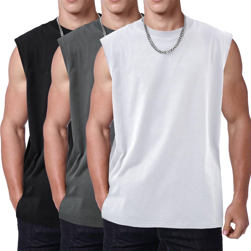 SnowElve 3 Pack Mens Workout Tank Tops Sleeveless Tee Shirts Men Muscle Shirt Gym Cotton T Shirts Running Beach Loose Fit Teeï¼ˆXZG,BKGYWT,XL - Image 1