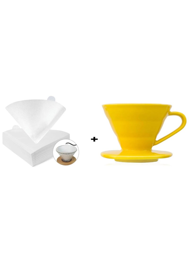 رانك  قمع تقطير V60 سيراميك 01 أصفر مع فلاتر قهوة v60 عدد 100 فلتر مقاس 01 حجم كبير ابيض  - Image 1