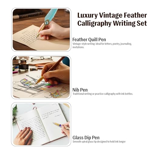 RarePicks Vintage Feather Quill Pen Gift Set, Calligraphy Writing Kit with Glass & Wooden Dip Pen, Wax Seal Stamp, 6 Ink Bottles, 18 Nibs, Letter Opener, Wax Beads – Art & Gifting (Assorted) - Image 4