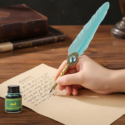 RarePicks Vintage Feather Quill Pen Gift Set, Calligraphy Writing Kit with Glass & Wooden Dip Pen, Wax Seal Stamp, 6 Ink Bottles, 18 Nibs, Letter Opener, Wax Beads – Art & Gifting (Assorted) - Image 5